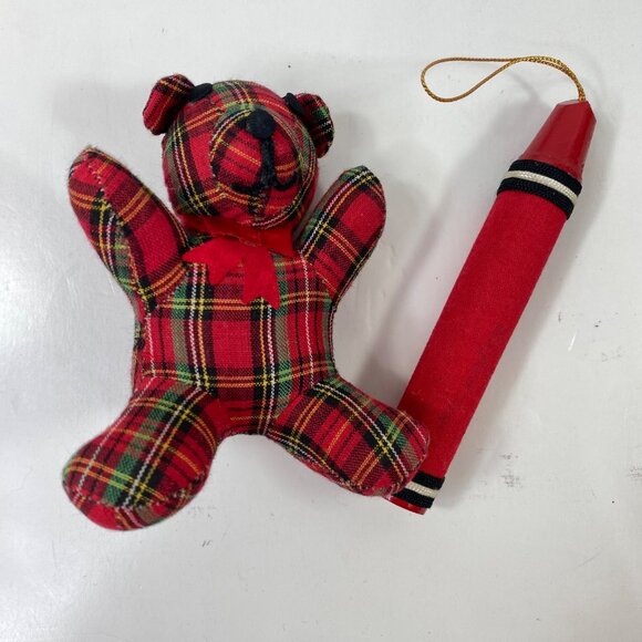 Ornamet Set Red Green White Tartan Plaid Mini Teddy Bear Bow Red Crayon - Picture 1 of 13